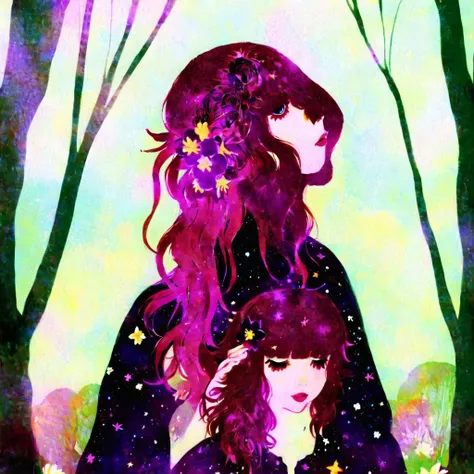 Devola Popola,  <lora:PopolaDevola:1>, <lora:jmfenner5:1>, jmfenner, painting, flower, hair flower, hair ornament