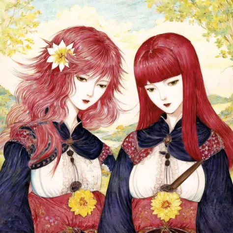 Devola Popola,  <lora:PopolaDevola:1>, amano yoshitaka, traditional art, <lora:yoshitaka_amano_lora:1>