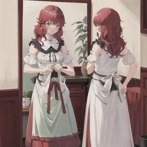 <lora:devolaAndPopolaNier_v10:0.8> Devola Popola, standing in front of a mirror, morning preparation,