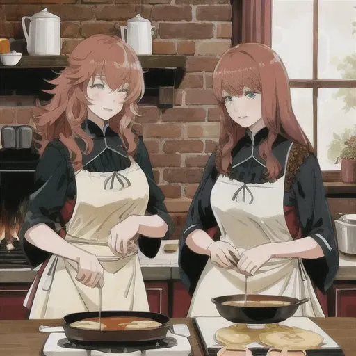 <lora:devolaAndPopolaNier_v10:0.8> Devola Popola, two beautiful woman, Devola and Popola making pancakes in a rustic, cosy kitchen, warm colours, fireplace,