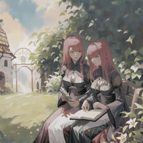 <lora:devolaAndPopolaNier_v10:0.8> Devola Popola, three beautiful woman, Devola and Popola reading a book in a rustic village, sitting in the grass, <lora:kaineNierReplicant_v10:0.8> kaine, sitting in the grass staring at the sky