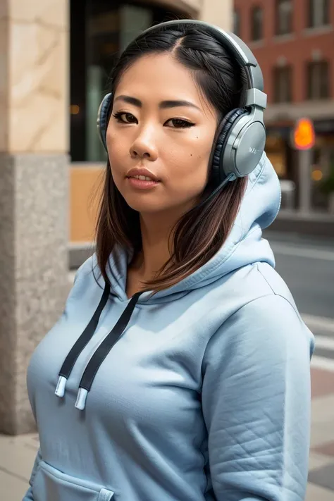 RAW photo, portrait, TigerrJuggs, woman <lora:TigerrJuggs:0.9>, close-up, shallow depth of field, perfect lighting , wearing solid hoodie, over-ear headphones <lora:XenoDetailer_v2:0.6>