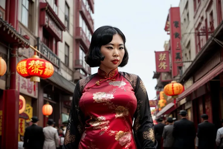 70mm film still, TJuggs <lora:TJuggs:0.9> wearing a cheongsam, 1920s San Francisco Chinatown, femme fatale, gangster film directed by Martin Scorsese, outdoors, perfect lighting and cinematography <lora:XenoDetailer_v2:0.6>