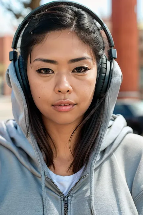 RAW photo, portrait, TJuggs <lora:TJuggs:1>, close-up, shallow depth of field, perfect lighting , wearing solid hoodie, over-ear headphones <lora:XenoDetailer_v2:0.6>