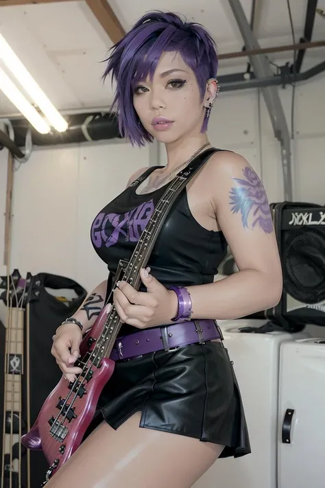 Amateur photo, shot on disposable 35mm camera, TJuggs <lora:TJuggs:1>, (playing bass), punk rock band, purple pixie cut, tattoos, tank top, skirt, piercings:1.1, leather bracelet, garage, processed at Walmart Photo <lora:XenoDetailer_v2:0.7>