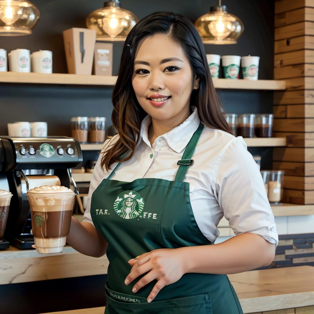 Corporate photo, TJuggs <lora:TJuggs:1>, barista, Starbucks cafe, apron, medium shot <lora:XenoDetailer_v2:0.6>