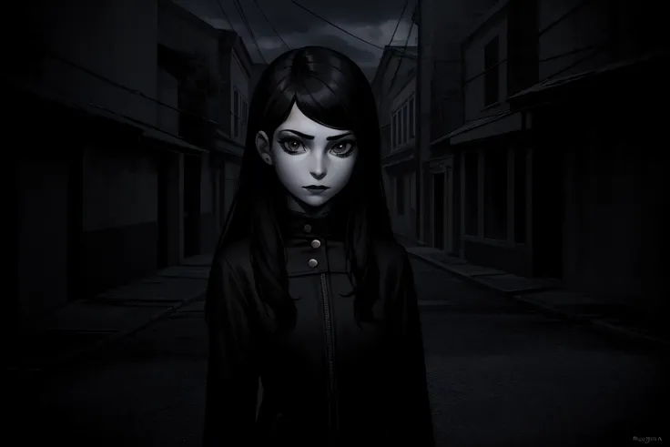 polina, (1girl, solo), long hair, looking at viewer, female focus,  jewelry, monochrome, greyscale,   <lora:polina:0.5>  dark theme, 
 <lora:LowRA (4):0.6> a woman on the street at night time with , Elina Karimova, grunge aesthetic, an album cover, neo-romanticism, (goth), (pascal campion:0.38), vivid colors, (painting art:0.06), [eclectic:clear:0.8]