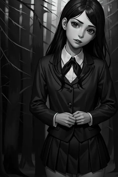 polina, (1girl, solo), long hair, looking at viewer, female focus, jewelry, school uniform, monochrome, greyscale, <lora:polina:0.5> dark forest, dark theme,
<lora:LowRA (4):0.3>