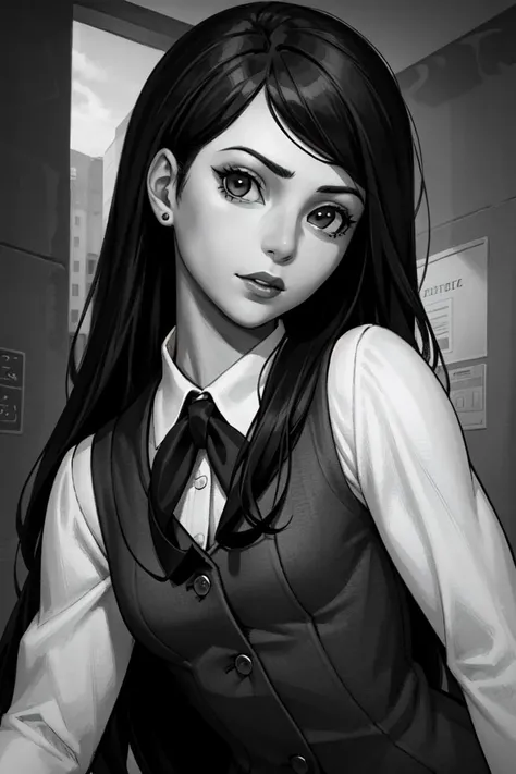 polina, (1girl, solo), long hair, looking at viewer, female focus,  jewelry, school uniform, monochrome, greyscale,   <lora:polina:0.5>, (pascal campion:0.38), vivid colors, (painting art:0.06), [eclectic:clear:0.8]