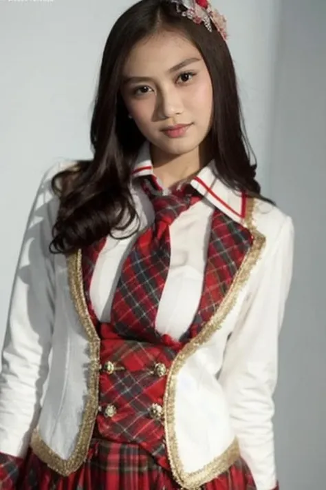 photo of a girl,  jkt48 uniform, solo focus, hand on hips, posing for a photo, (detailed face), simple white background  <lora:melodyjkt48:0.9>