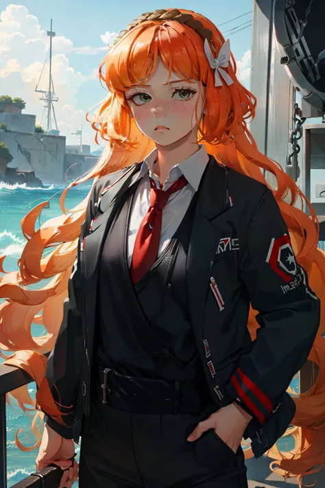 (masterpiece, best quality:1.2), <lyco:limbuscompany_ishmael-10:1.0>, cowboy shot, solo, 1girl, ishmael, expressionless, closed mouth, looking at viewer, hairband, formal, jacket, necktie, pants