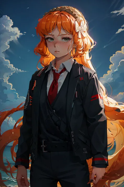 (masterpiece, best quality:1.2), <lyco:limbuscompany_ishmael-10:1.0>, cowboy shot, solo, 1girl, ishmael, expressionless, closed mouth, looking at viewer, hairband, formal, jacket, necktie, pants
