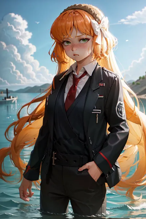 (masterpiece, best quality:1.2), <lyco:limbuscompany_ishmael-10:1.0>, cowboy shot, solo, 1girl, ishmael, expressionless, closed mouth, looking at viewer, wading, hairband, formal, jacket, necktie, pants