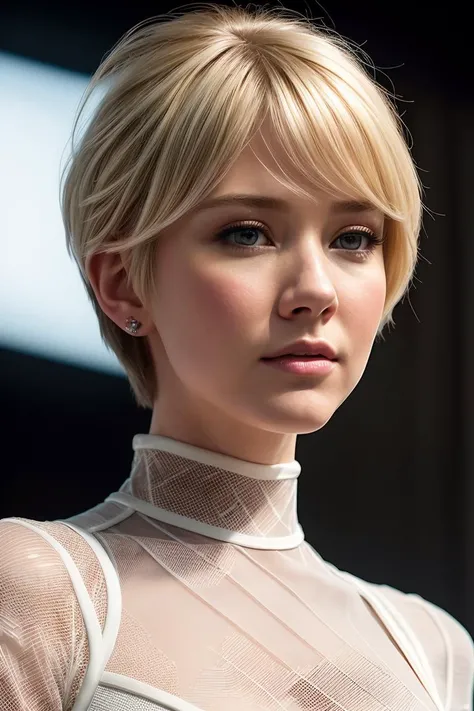photo of extremely sexy blonde (v4l0riecurry-200:0.99), a woman as a movie star, (pixie haircut), (((closeup portrait:1.3))), modelshoot style, (extremely detailed CG unity 8k wallpaper), photo of the most beautiful artwork in the world, professional majestic oil painting by Ed Blinkey, Atey Ghailan, Studio Ghibli, by Jeremy Mann, Greg Manchess, Antonio Moro, trending on ArtStation, trending on CGSociety, Intricate, High Detail, Sharp focus, dramatic, photorealistic painting art by midjourney and greg rutkowski, (white mesh sleeve bodycon dress:1.2), ((movie premiere)), ((standing near a movie theater)), (looking at viewer:1.2), (detailed pupils:1.3)
