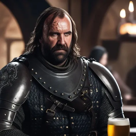SandorClegane1024, in a medieval tavern, drinking a beer, detailed eyes, photography, trending on artstation, sharp focus, studio photo, intricate details, highly detailed, by greg rutkowski <lora:SandorClegane1024:0.8>