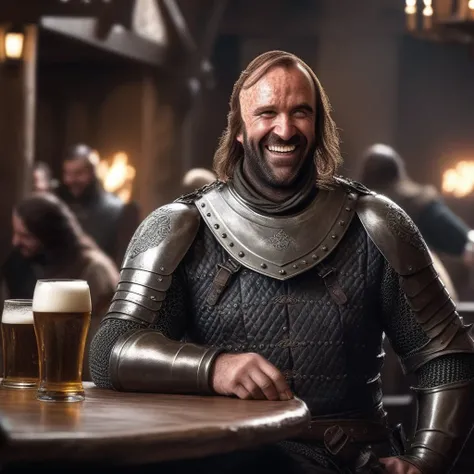 SandorClegane1024, laughing, drinking a beer in a mediaval tavern, waitress, detailed eyes, photography, trending on artstation, sharp focus, studio photo, intricate details, highly detailed, by greg rutkowski <lora:SandorClegane1024-000067:0.9>