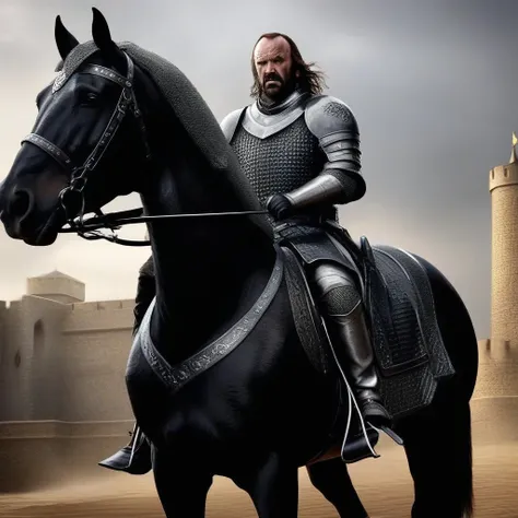 SandorClegane1024, full body, riding a horse, detailed eyes, photography, trending on artstation, sharp focus, studio photo, intricate details, highly detailed, by greg rutkowski <lora:SandorClegane1024-000067:0.8>