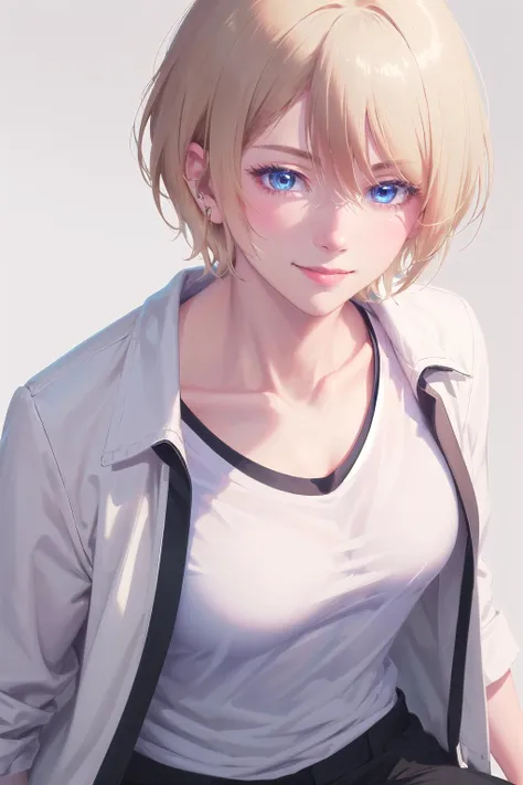 (masterpiece:1.3),(best quality:1.2),(absurdres:1.1), (upper body:1.1), short hair,
<lora:mgk_akane-10:1>,mgk_akane, covered ears,looking at viewer,blonde hair, solo, white shirt, (black coat:1.2), black pants, light smile,
(highly detailed face and eyes:1.1),simple background,