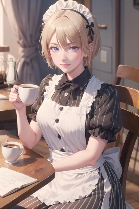 (masterpiece:1.3),(best quality:1.2),(absurdres:1.1),(upper body:1.1),short hair,
<lora:mgk_akane-10:1>,mgk_akane,covered ears,looking at viewer,blonde hair,solo,light smile,
dress,holding,sitting,short sleeves,pantyhose,frills,striped,apron,cup,black pantyhose,maid,maid headdress,table,vertical stripes,mug,striped dress,coffee,vertical-striped dress,
(highly detailed face and eyes:1.1),cafe,