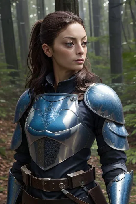 a beautiful nude female knight, tan skin, long dark hair, blue eyes, smiling, detailed facial features, no armor, glowing sword, knight's helmet, mossy forest background, dramatic lighting, photorealistic, cinematic, highly detailed, 8k, masterpiece