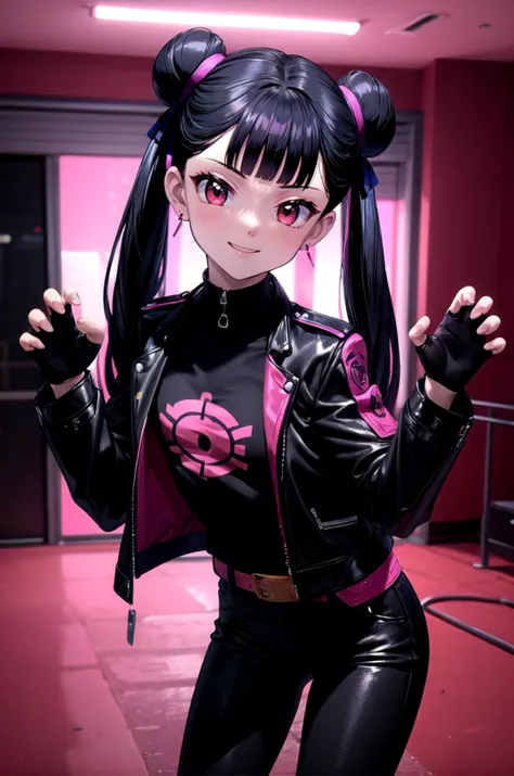 (masterpiece, best quality, detailed), 1girl, solo, looking at viewer, <lora:MeilingLi:0.9>, meilingli, black hair, blunt bangs, double bun, twintails, long hair, red eyes, biker clothes, long sleeves, black jacket, black belt, jewelry, earrings, leather, (spikes), <lora:pnkr2:0.5>, pnkr, indoors, cinematic lighting, pink lighting, neon lights, pink theme, (purple theme), claw pose, hands up, cowboy shot, teeth, black gloves, leather jacket, open jacket, black pants, leaning forward, fingerless gloves, torn pants, smile, closed mouth