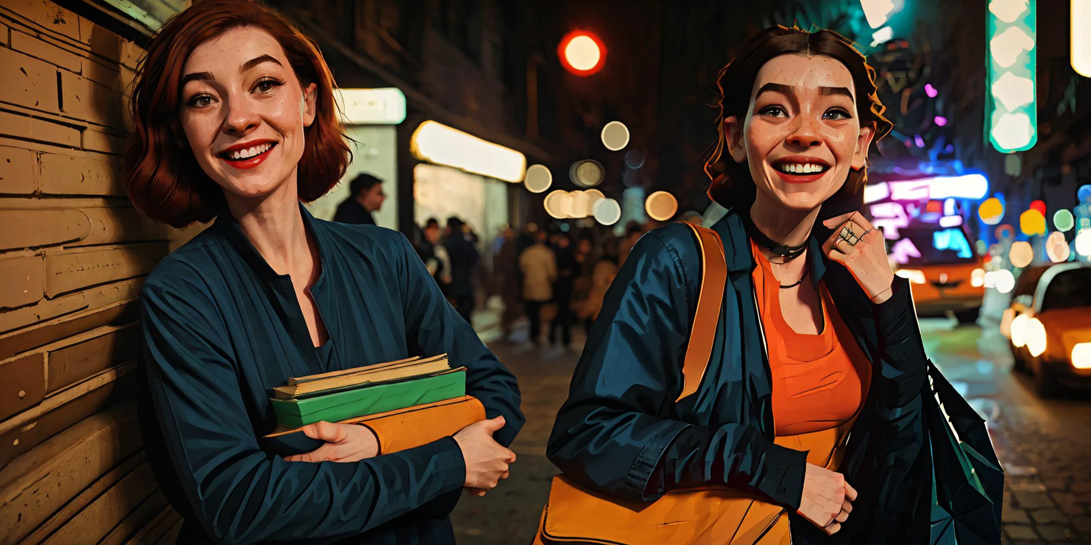 Alleyways, nights, and crowded streets in busy cities, Out of focus <lora:b_elysium:0.2>
AND colorful Bright backlighting, ((upper body)), ((look on camera)), (((dark hair,Laughing))), choker, 22yo girl wear ((orange)) pretty dress, ((carrying a bunch of shopping bags)) ANAT0J3 charturnerv2 <lora:b_samdoesarts:0.6> <lora:b_arcanestyle_k:0.3>
AND colorful Bright backlighting, ((upper body)), ((look on camera)), ((smiling)), ((carrying lots of books)), makeup, freckle, Oblique view, (((red hair))),Irritated 22yo girl wear ((blue)) shirts, charturnerv2 <lora:b_samdoesarts:0.6> <lora:b_arcanestyle_k:0.2> <lora:a_emmaMyers:0.6>