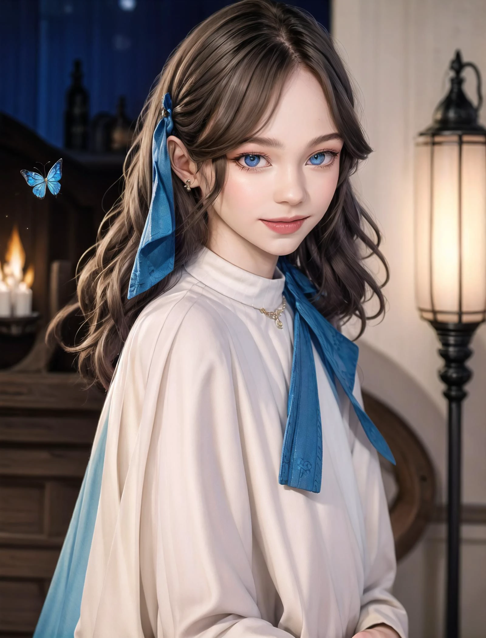 (masterpiece, best quality, extremely detailed CG, beautiful detailed eyes, ultra-detailed, intricate details:1.2), 8k wallpaper, elaborate features, Grin,
(1girl, solo:1.4), long hair, streaked hair, elf, looking at viewer, blue eyes, earring, white dress pull,detached sleeves,wide sleeves,white panties, ankle bracelets, large breasts, arcane, necklace,wand, serious, detail fingers,(delicate fingers and hands:0.55),blue butterfly,
blue flame, feathers, bird,magic surrounds,magic rod, magic ball, book,pages flying all over the sky,magic circle,incantation, night, dark <lora:EmmaMyersLora:0.7> <lora:fashionGirl_v45:0.6>