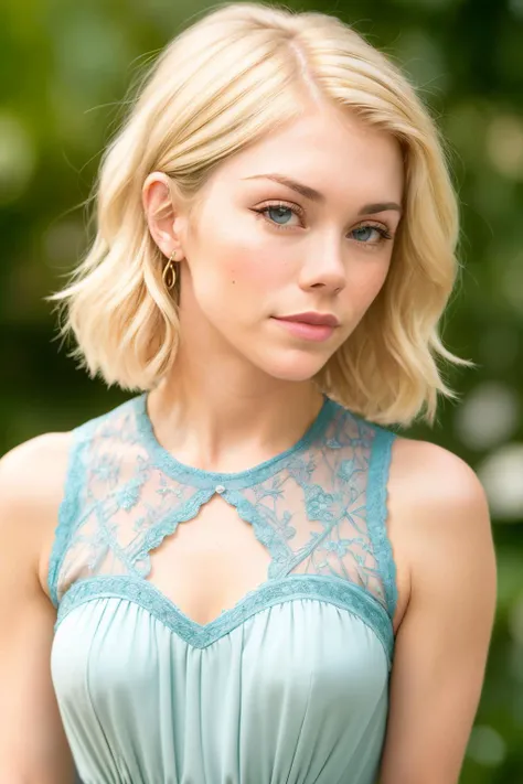 photoshoot of jenniferH1, (blonde hair), (pixie cut), , detailed skin texture, (blush:0.2), (goosebumps:0.3), (light blue dress), subsurface scattering, Photorealistic, Hyperrealistic, Hyperdetailed, analog style, hip cocked, demure, detailed skin, matte skin, soft lighting, subsurface scattering, realistic, heavy shadow, masterpiece, best quality, ultra realistic, 8k, golden ratio, Intricate, High Detail, film photography, soft focus