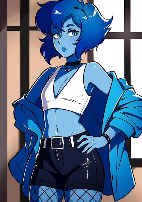 8 k, (masterpiece:1.2), (Best quality:1.2), Ultra detailed, (very gentle and beautiful), beautiful eyes,1 girl,Female, One, blue skin, Blue eyes, colored leather, lapis lazuli \(Steven Universe\), sulapislazuli, standing, ((short hair)), Necklace, crop top, fishnet tights, fishing nets ,grey jacket, jacket ,Jewelry, Life, necklace, plaid ,plaid jacket, Without sleeves ,Without sleeves shirt ,thigh strap, pink lips, belt,flat chest,