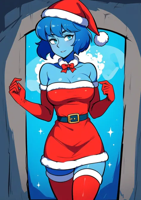 8k, (masterpiece:1.2), (best quality:1.2), ultra-detailed, (an extremely delicate and beautiful), beautiful eyes,1girl,female, solo, blue skin, blue eyes, colored skin, lapis lazuli \(steven universe\), sulapislazuli, <lora:LapisLoraV3:1>, ((short hair)), mature female,santa hat, santa costume, red santa dress, strapless , red headwear, red gloves, thighhighs, zettai ryouiki , standing, ?,