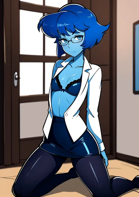 8k, (masterpiece:1.2), (best quality:1.2), ultra-detailed, (an extremely delicate and beautiful), beautiful eyes,1girl,female, solo, blue skin, blue eyes, colored skin, lapis lazuli \(steven universe\), sulapislazuli, <lora:LapisLoraV3:1>, ((short hair)), mature female,standing, leotard, fishnets, fishnet pantyhose, blue lips, small breasts, mature female, cowboy shot, detached collar, wrist cuffs, hands up,