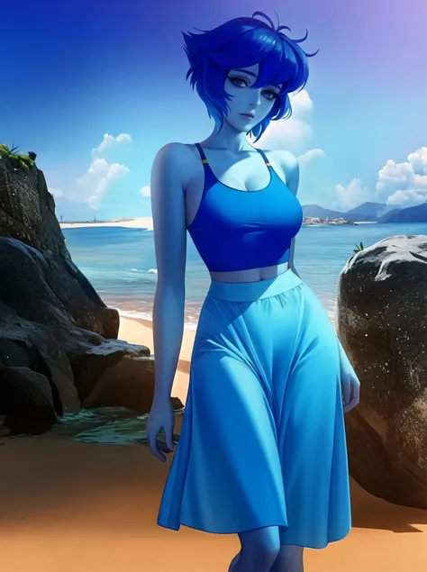 1girl,solo, SuLapisLazuli, blue skin, blue eyes, colored skin, lapis lazuli \(steven universe\),full body,standing, blue crop top, blue long sundress, barefoot, (masterpiece:1.4),(best quality:1.4), medium breasts, looking at viewer, <lora:LapisLoraV3:1>, beach, closed mouth, detailed eyes,sakimichan, <lora:sakimichanStyle_v15:0.6>