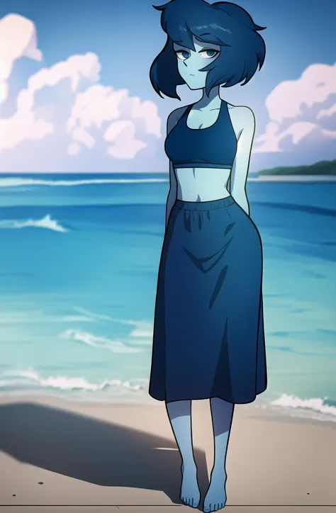 1girl,solo, SuLapisLazuli, blue skin, blue eyes, colored skin, lapis lazuli \(steven universe\),full body,standing, blue crop top,long sundress, barefoot, (masterpiece:1.4),(best quality:1.4),  medium breasts, looking at viewer,    <lora:LapisLoraV3:1>,  beach, closed mouth,