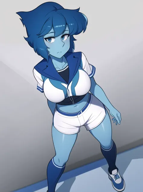 1girl,solo, SuLapisLazuli, blue skin, blue eyes, colored skin, lapis lazuli \(steven universe\),full body,standing, white crop top, blue shorts, socks, calm face, baseball uniform, (masterpiece:1.4),(best quality:1.4), medium breasts, looking at viewer, <lora:LapisLoraV3:1>, closed mouth,
