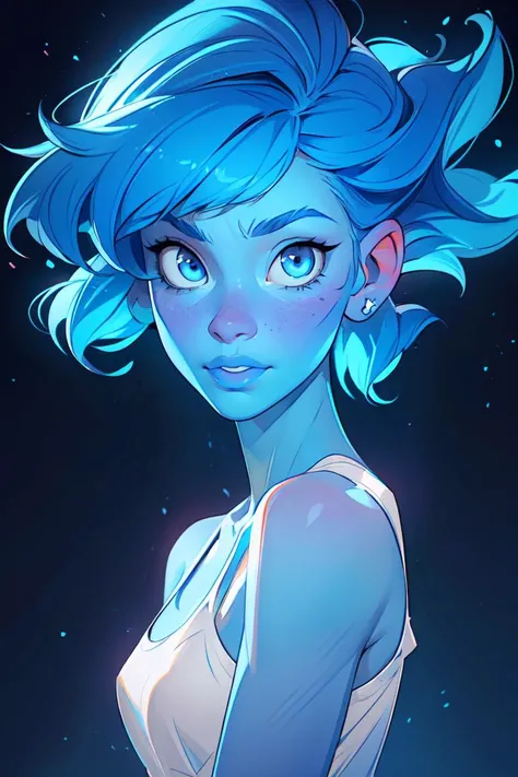 (lapis lazuli \(steven universe\), sulapislazuli:1),  (blue skin, blue eyes, colored skin, dark blue hair :1.5), (blue cropped tank top, blue skirt:1), cartoony facial features, large round eyes, (realistic:1.2),  (masterpiece:1.2), (full-body-shot:1),(Cowboy-shot:1.2), magical background, galaxy sky, water theme, neon lighting, dark romantic lighting, (highly detailed:1.2),(detailed face:1.2), (gradients), colorful, detailed eyes, (detailed landscape:1.2), (natural lighting:1.2),(detailed background),detailed landscape, (dynamic pose:1.2), close shot, solo, <lora:LapisLoraV3 (1):0.8> <lora:add_detail:0.3> <lora:hipoly3DModelLora_v10:0.05>  <lora:RSERomantic_RSESofiko_RSEEmma-v1:0.1>