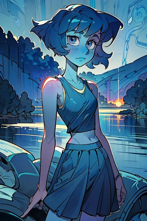 (lapis lazuli, steven universe:1), (sulapislazuli:1), (woman, bob hair), (slender build, thin body, tall), ((blue skin, dark blue hair)), (blue skin, blue eyes, colored skin, dark blue hair :1.5), (blue crop tanktop, blue long skirt, knee length skirt:1.5), cartoony facial features, large round eyes, (realistic:1.2), (masterpiece:1.2), (full-body-shot:1),(Cowboy-shot:1.2), magical background, water theme, neon lighting, dark romantic lighting, (highly detailed:1.2),(detailed face:1.2), (gradients), colorful, detailed eyes, (detailed landscape:1.2), (natural lighting:1.2),(detailed background),detailed landscape, (cute pose:1.2), solo, <lora:LapisLoraV3 (1):0.95> <lora:add_detail:0.3> <lora:hipoly3DModelLora_v10:0.05> <lora:RSERomantic_RSESofiko_RSEEmma-v1:0.1>