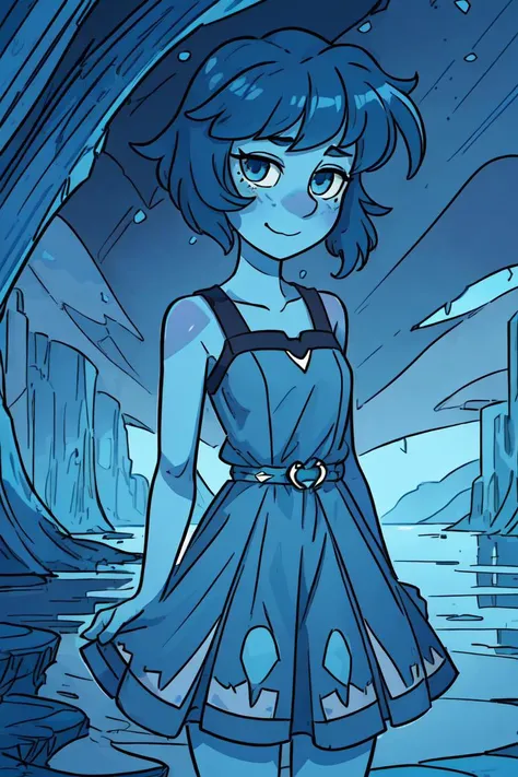 (lapis lazuli, steven universe:1), (sulapislazuli:1), (woman, bob hair), (slender build, thin body, tall), ((blue skin, dark blue hair)), (blue skin, blue eyes, colored skin, dark blue hair :1.5), (blue dress, knee length dress:1.5), cartoony facial features, large round eyes, (realistic:1.2),  (masterpiece:1.2), (full-body-shot:1),(Cowboy-shot:1.2), magical background, water theme, neon lighting, dark romantic lighting, (highly detailed:1.2),(detailed face:1.2), (gradients), colorful, detailed eyes, (detailed landscape:1.2), (natural lighting:1.2),(detailed background),detailed landscape, (cute pose:1.2), solo, <lora:LapisLoraV3 (1):0.95> <lora:add_detail:0.3> <lora:hipoly3DModelLora_v10:0.05>  <lora:RSERomantic_RSESofiko_RSEEmma-v1:0.1>