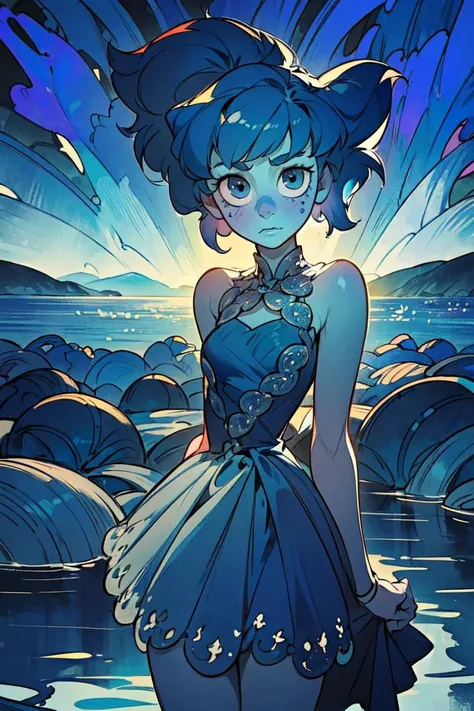 (lapis lazuli, steven universe:1), (sulapislazuli:1), (woman, bob hair), (slender build, thin body, tall), ((blue skin, dark blue hair)), (blue skin, blue eyes, colored skin, dark blue hair :1.5), (blue dress, knee length dress:1.5), cartoony facial features, large round eyes, (realistic:1.2), (masterpiece:1.2), (full-body-shot:1),(Cowboy-shot:1.2), magical background, water theme, neon lighting, dark romantic lighting, (highly detailed:1.2),(detailed face:1.2), (gradients), colorful, detailed eyes, (detailed landscape:1.2), (natural lighting:1.2),(detailed background),detailed landscape, (cute pose:1.2), solo, <lora:LapisLoraV3 (1):0.95> <lora:add_detail:0.3> <lora:hipoly3DModelLora_v10:0.05> <lora:RSERomantic_RSESofiko_RSEEmma-v1:0.1>