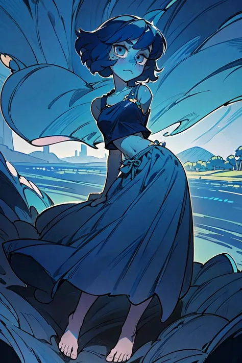 (lapis lazuli:1), (sulapislazuli:1), (woman, bob hair), (blue skin, dark blue skin, woman with blue skin:1.2), (slender build, thin body, tall), ((blue skin, dark blue hair)), (blue skin, blue eyes, colored skin, dark blue hair :1.5), (navy blue clothing, blue crop top, blue long sundress, barefoot:1.5), cartoony facial features, large round eyes, (anime style), (masterpiece:1.2), (full-body-shot:1),(Cowboy-shot:1.2), blue lighting, dark romantic lighting, (highly detailed:1.2),(detailed face:1.2), (gradients), colorful, detailed eyes, (detailed landscape:1.2), (natural lighting:1.2),(detailed background),detailed landscape, (cute pose:1.2), solo, <lora:LapisLoraV3 (1):0.75> <lora:add_detail:0.3> <lora:hipoly3DModelLora_v10:0.05> <lora:RSERomantic_RSESofiko_RSEEmma-v1:0.1> <lyco:coloredSkin-08:0.8>