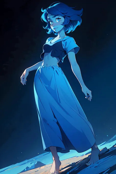 (lapis lazuli:1), (sulapislazuli:1), (woman, bob hair), (blue skin, dark blue skin, woman with blue skin:1.2), (slender build, thin body, tall), ((blue skin, dark blue hair)), (blue skin, blue eyes, colored skin, dark blue hair :1.5), (navy blue clothing, blue crop top, blue long sundress, barefoot:1.5), cartoony facial features, large round eyes, (anime style), (masterpiece:1.2), (full-body-shot:1),(Cowboy-shot:1.2), blue lighting, dark romantic lighting, (highly detailed:1.2),(detailed face:1.2), (gradients), colorful, detailed eyes, (detailed landscape:1.2), (natural lighting:1.2),(detailed background),detailed landscape, (cute pose:1.2), solo, <lora:LapisLoraV3 (1):0.75> <lora:add_detail:0.3> <lora:hipoly3DModelLora_v10:0.05> <lora:RSERomantic_RSESofiko_RSEEmma-v1:0.1> <lyco:coloredSkin-08:0.8>