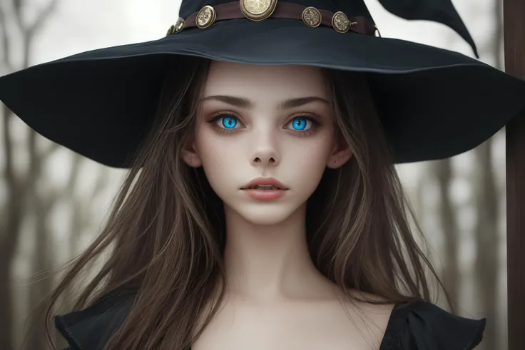 masterpiece, best quality, perfect angle, award winning,  professional close-up headshot portrait photo of a witch woman, meika woollard,  detailed beautiful eyes,  posing for the camera, sharp focus, detailed, intricate, high quality, high resolution, hyper realistic, key light, fill light, rim light, photography by Brooke Shaden, wearing witch costume, witch hat, witch magic