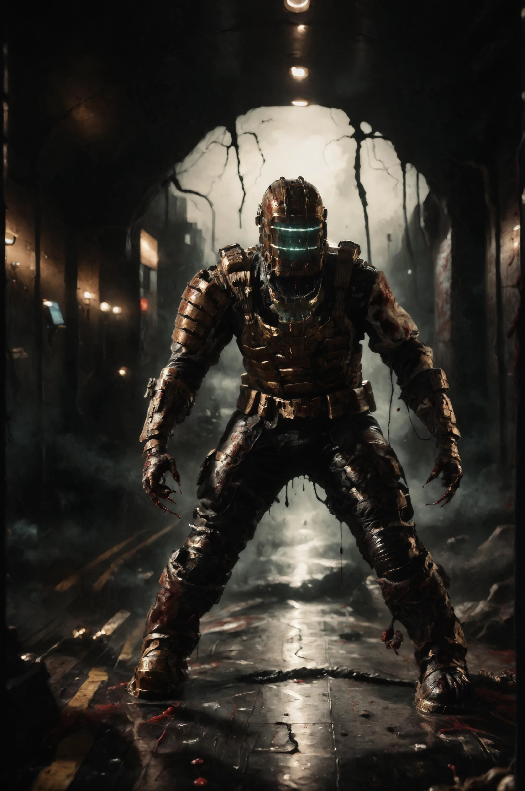 score_9, score_8_up, score_7_up, rating_questionable, horror \(theme\), science fiction, BREAK <lora:s1m13073PNYXL_V00:0.4> <lora:Isaac_Clarke__Dead_Space__PonyXL:0.95> 1boy, isaac_clarke dead space, s1m13073, armor, helmet, gloves, boots, , (black goo, claws:1.2), full body, (dynamic pose:0.3), spacecraft interior, creepy and eerie hallway, blood on wall, blood on floor, blood on clothes, ((fog, smoke)), depth of field, lights off, dynamic lights, <lora:Sinfully_Stylish_dramitic_bold_lighting:0.75>