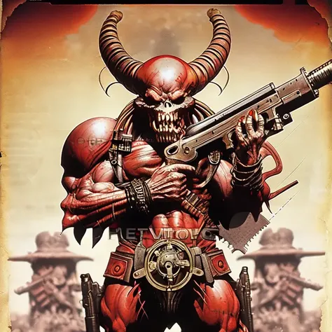 3 photo, demonic looking demon holding a machine gun in one hand (martianwarlord:1)