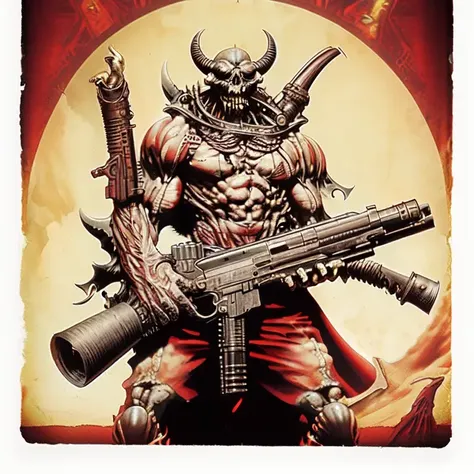 3 photo, demonic looking demon holding a machine gun in one hand (martianwarlord:1)