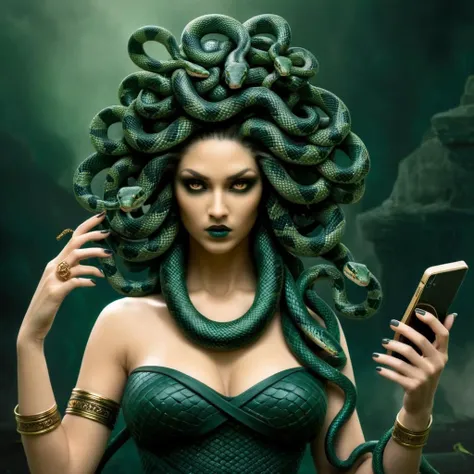 Dark Fantasy Art of  <lora:Medusa:1>
Medusa a woman with snake dreads holding a cell phone In Greek mythology, Medusa, also called Gorgo,  a human female with living venomous snakes in place of hair, dark, moody, dark fantasy style