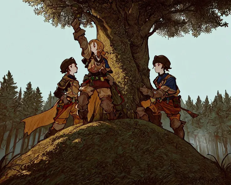 <lora:FFTJobs:0.8> (a group of adventurers) climbing the trees of a (sideways forest) on a cliff,
(masterpiece), best quality, highres, 4k, 8k, Detailed Illustration, intricate detail, cinematic lighting, amazing quality, 1girl, fit female, amazing shading, soft lighting, facing camera, perfect eyes