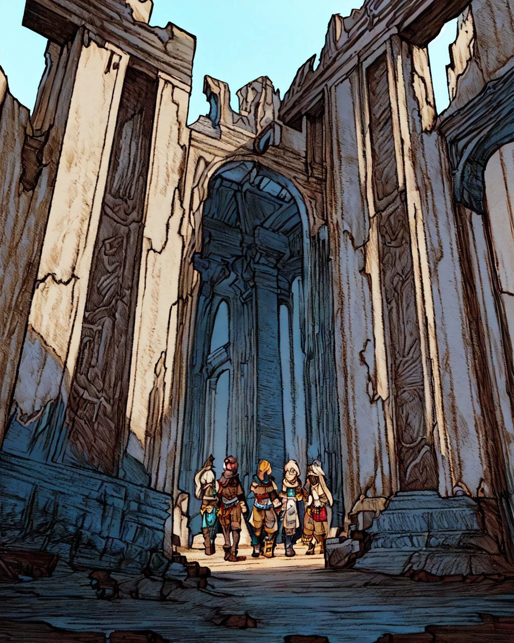 <lora:FFTJobs:0.9> a group of adventurers exploring the ruins of a city built sideways on a cliff,
(masterpiece), best quality, highres, 4k, 8k, Detailed Illustration, intricate detail, cinematic lighting, amazing quality, amazing shading, soft lighting, facing camera, perfect eyes