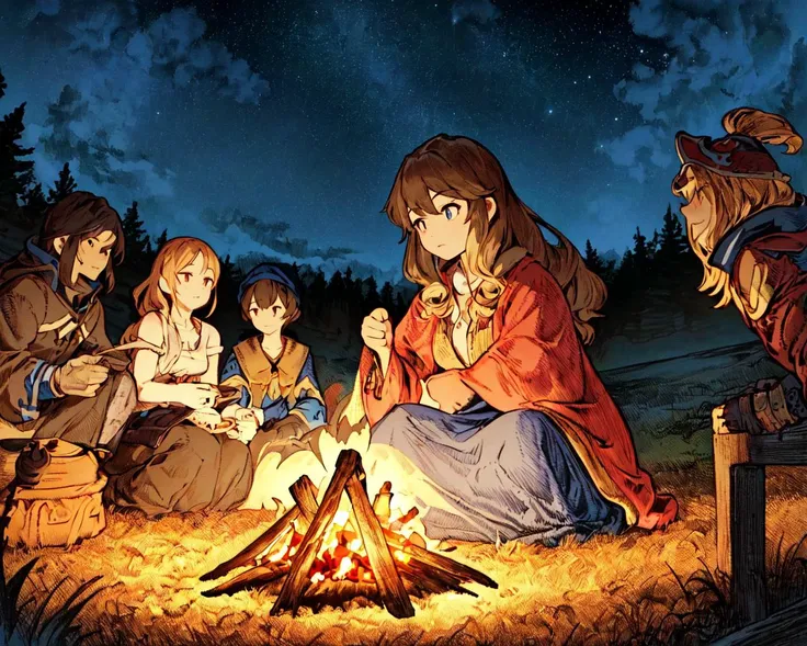 <lora:FFTJobs:0.8>  group of adventurers setting up a campfire under a stary night, 
(masterpiece),  best quality, highres, 4k, 8k, Detailed Illustration, intricate detail, cinematic lighting, amazing quality, 1girl, fit female, amazing shading, soft lighting, facing camera, perfect eyes