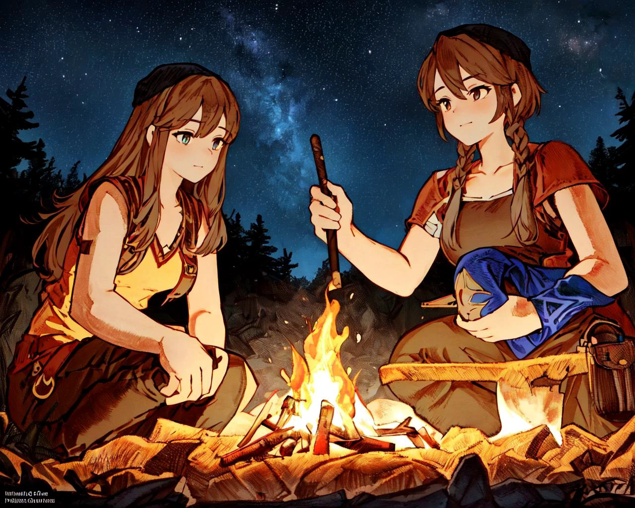 <lora:FFTJobs:0.8> group of adventurers setting up a campfire under a stary night,
(masterpiece), best quality, highres, 4k, 8k, Detailed Illustration, intricate detail, cinematic lighting, amazing quality, 1girl, fit female, amazing shading, soft lighting, facing camera, perfect eyes