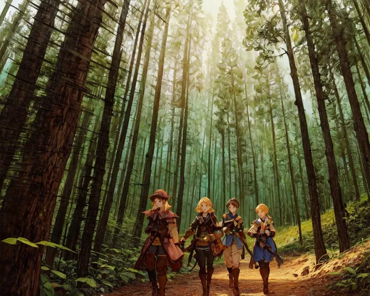 <lora:FFTJobs:0.8>  group of adventurers walking in the forest along small faeries,
(masterpiece),  best quality, highres, 4k, 8k, Detailed Illustration, intricate detail, cinematic lighting, amazing quality, 1girl, fit female, amazing shading, soft lighting, facing camera, perfect eyes